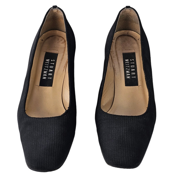 Shoes Stuart Weitzman black fabric square toe block heel pumps 7.5 - Picture 2 of 12
